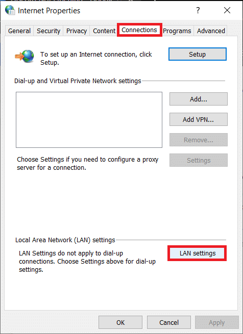 Cambie a la pestaña Conexiones y haga clic en el botón Configuración de LAN | [FIXED] ERR_QUIC_PROTOCOL_ERROR en Chrome