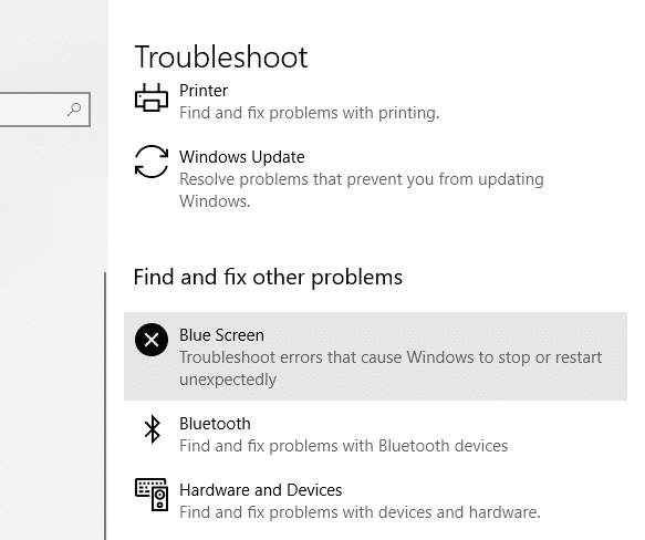 Haga clic en 'Pantalla azul' y haga clic en 'Ejecutar el solucionador de problemas' |  Solucionar el error de excepción del servicio del sistema en Windows 10