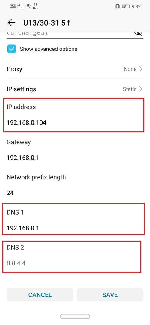 Simplemente complete la dirección IP estática, DNS 1 y DNS 2 |  Arreglar Android conectado a WiFi pero sin Internet