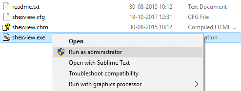 haga clic derecho en Shexview.exe y seleccione Ejecutar como administrador