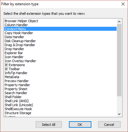 En Filtrar por tipo de extensión, seleccione Menú contextual y haga clic en Aceptar