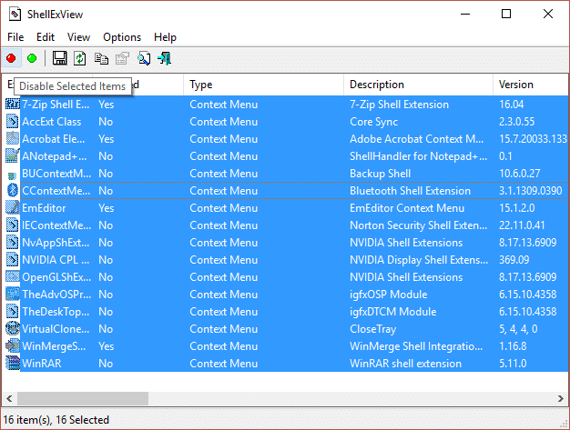 Seleccione todos los elementos manteniendo presionada la tecla CTRL y luego deshabilite los elementos seleccionados |  Arreglar el menú contextual del clic derecho lento en Windows 10