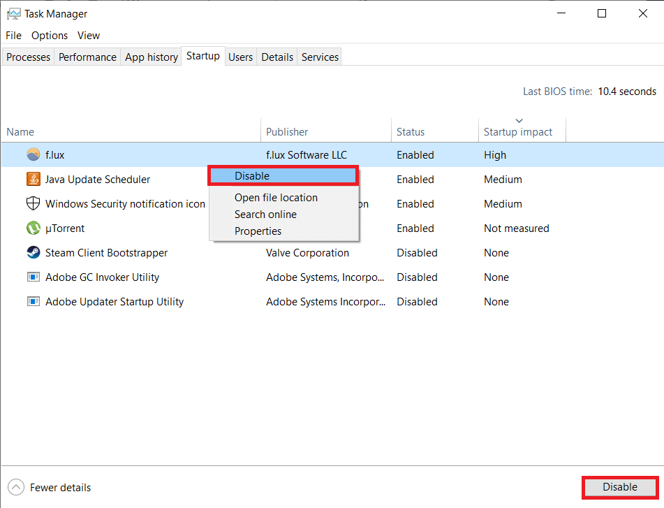 Haga clic derecho en una aplicación y seleccione Deshabilitar |  Arreglar el menú contextual del clic derecho lento en Windows 10