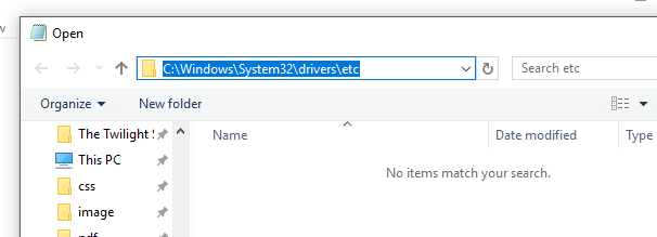 Para abrir el archivo de hosts, vaya a C:Windowssystem32driversetc