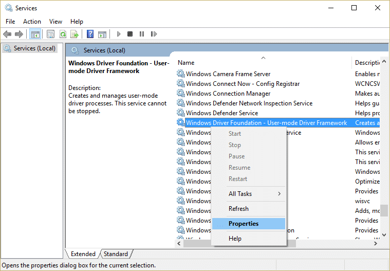 Haga clic con el botón derecho en Windows Driver Foundation - Servicio de marco de controlador de modo de usuario y seleccione Propiedades