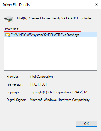 Verifique que iaStorA.sys sea un controlador de la lista y haga clic en Aceptar