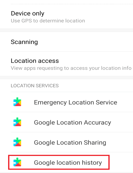 Toque en la opción de historial de ubicación de Google
