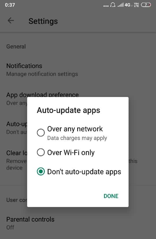 Toque 'Actualizar aplicaciones automáticamente' y seleccione 'No actualizar aplicaciones automáticamente |  Solucionar el error de descarga pendiente en Google Play Store