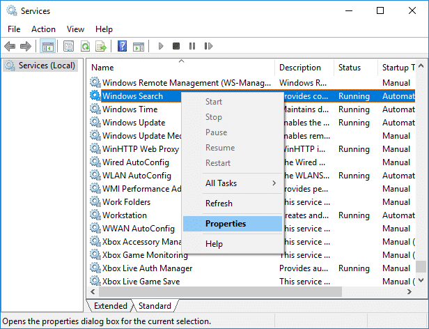 Haga clic derecho en el servicio de búsqueda de Windows y luego seleccione Propiedades |  Arreglar la búsqueda que no funciona en Windows 10