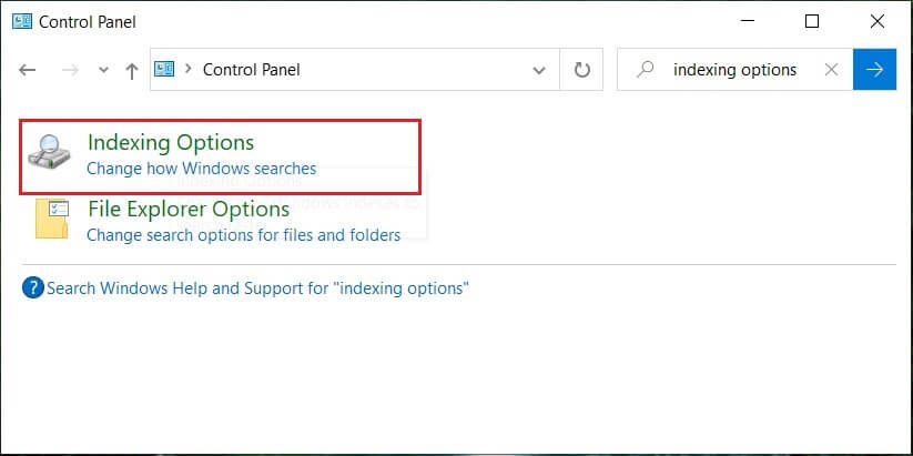 Escriba índice en la búsqueda del Panel de control y haga clic en Opciones de indexación