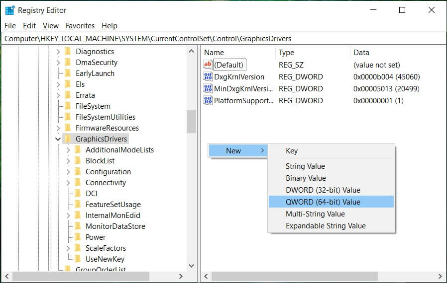 Seleccione Valor QWORD (64 bits) y escriba TdrDelay como Nombre |  El controlador de pantalla dejó de responder y recuperó el error [SOLVED]