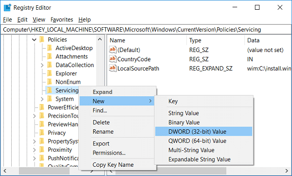 Haga clic derecho en la clave de servicio y luego seleccione Nuevo y valor DWORD (32 bits)