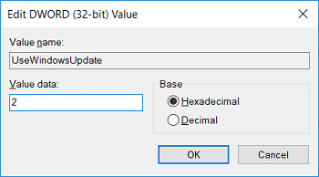 Nombre esta nueva clave como UseWindowsUpdate, luego haga doble clic y cambie su valor a 2