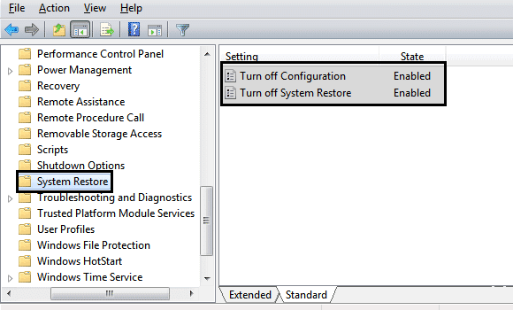 Desactivar la configuración de restauración del sistema gpedit