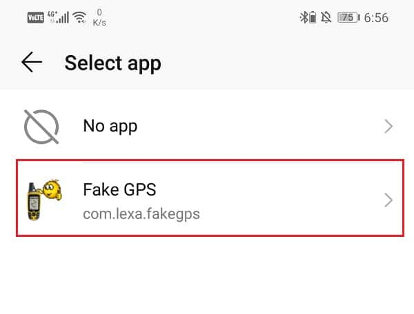 Haga clic en el ícono de GPS falso y se configurará como una aplicación de ubicación simulada