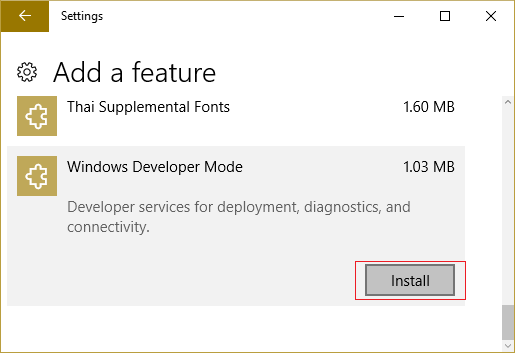 haga clic en Instalar en el modo de desarrollador de Windows