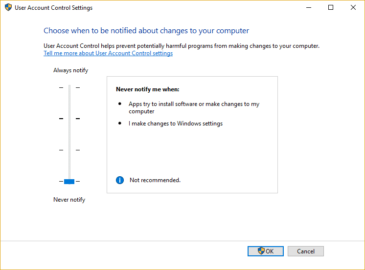 Deshabilitar el Control de cuentas de usuario (UAC) en Windows 10 |  Arreglar el error de acceso a la carpeta de destino denegado