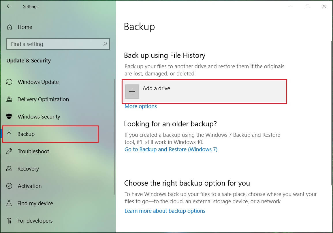 En Copia de seguridad usando Historial de archivos, haga clic para Agregar una unidad |  Arreglar la advertencia Vuelva a conectar su unidad en Windows 10
