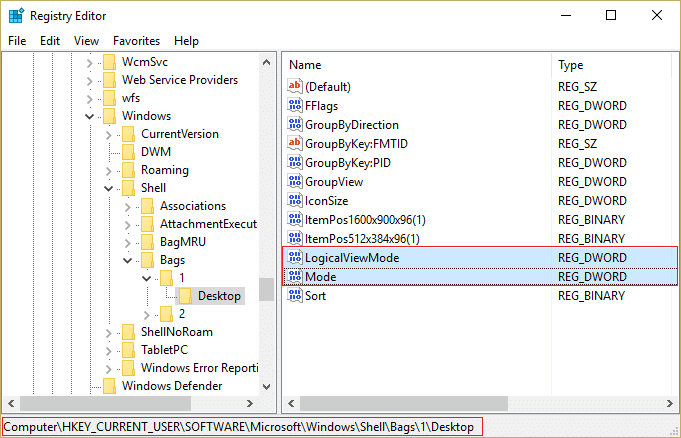 En Desktop en la clave de registro HKEY CURRENT USER, busque LogicalViewMode y Mode