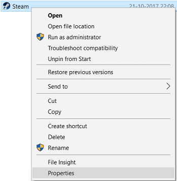 Haga clic derecho en el acceso directo de Steam en su escritorio y seleccione Propiedades