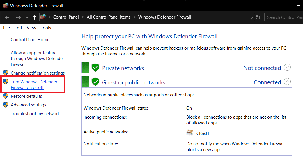 Haga clic en Activar o desactivar el Firewall de Windows Defender presente en el lado izquierdo de la ventana del Firewall