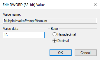 Haga doble clic en MultipleInvokePromptMinimum para modificar su valor |  Corrija los elementos del menú contextual que faltan cuando se seleccionan más de 15 archivos