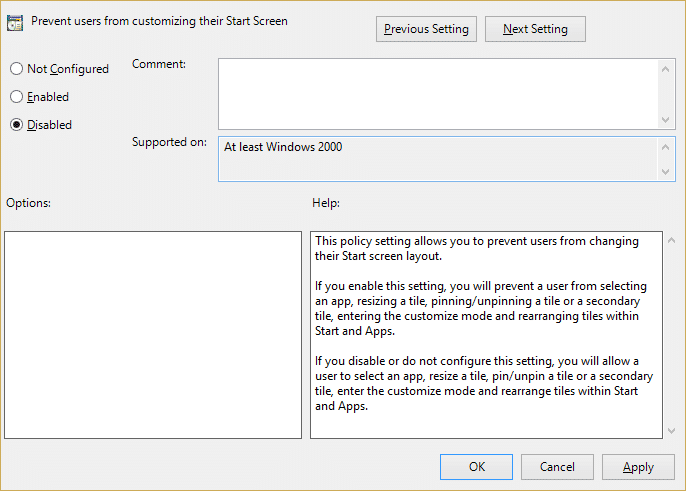 Establezca Impedir que los usuarios personalicen la configuración de su pantalla de inicio en Deshabilitado