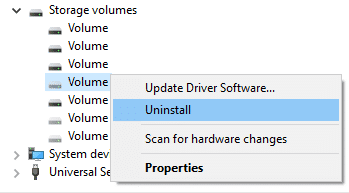 haga clic con el botón derecho en Volumen de almacenamiento y seleccione Desinstalar