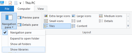 Haga clic en Ver y luego, en el menú desplegable del panel de navegación, seleccione Mostrar bibliotecas.