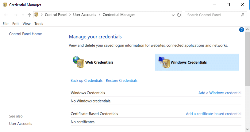 Una vez dentro del Administrador de credenciales, haga clic para seleccionar Credenciales de Windows