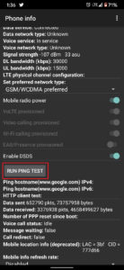 En el menú de información del teléfono, toque ejecutar prueba de ping |  Arreglar red celular no disponible para llamadas telefónicas