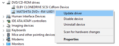 Haga clic derecho en su DVD o CD ROM y seleccione Actualizar controlador