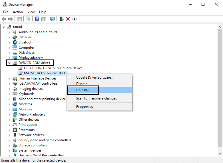 Desinstalación del controlador de DVD o CD