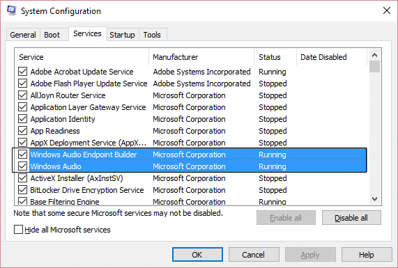 Windows audio y windows audio endpoint msconfig ejecutándose |  Solucionar problemas de audio Actualización de creadores de Windows 10