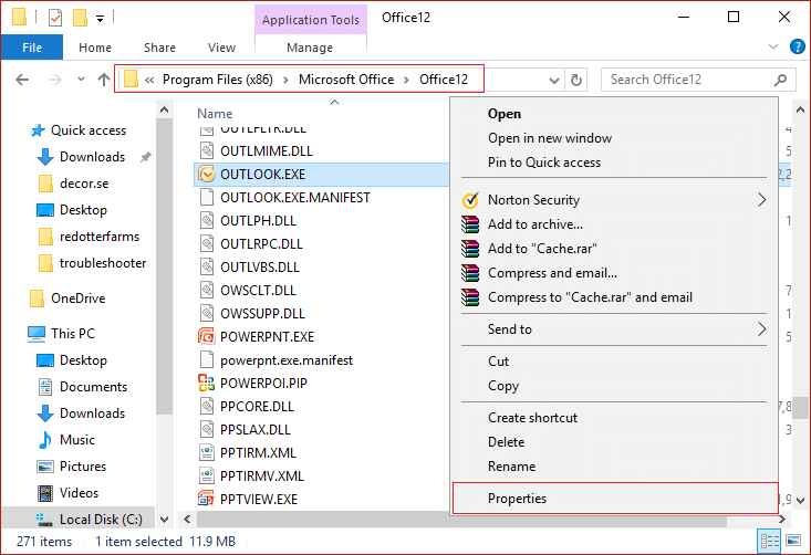 Haga clic derecho en el archivo Outlook.exe y seleccione propiedades |  Fix no puede abrir sus carpetas de correo electrónico predeterminadas.  No se pudo abrir el almacén de información