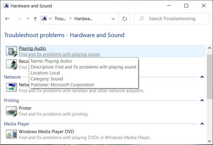 Haga clic en Reproducir audio dentro de la subcategoría Sonido