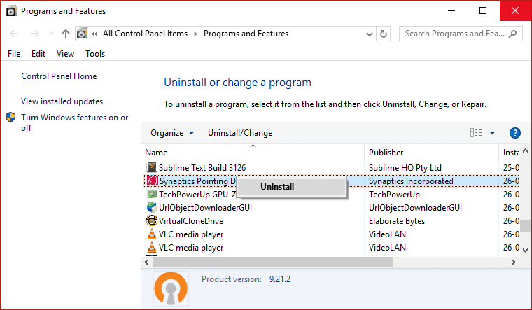 Desinstale el controlador del dispositivo señalador Synaptics desde el panel de control |  Arreglar el teclado que no funciona en Windows 10