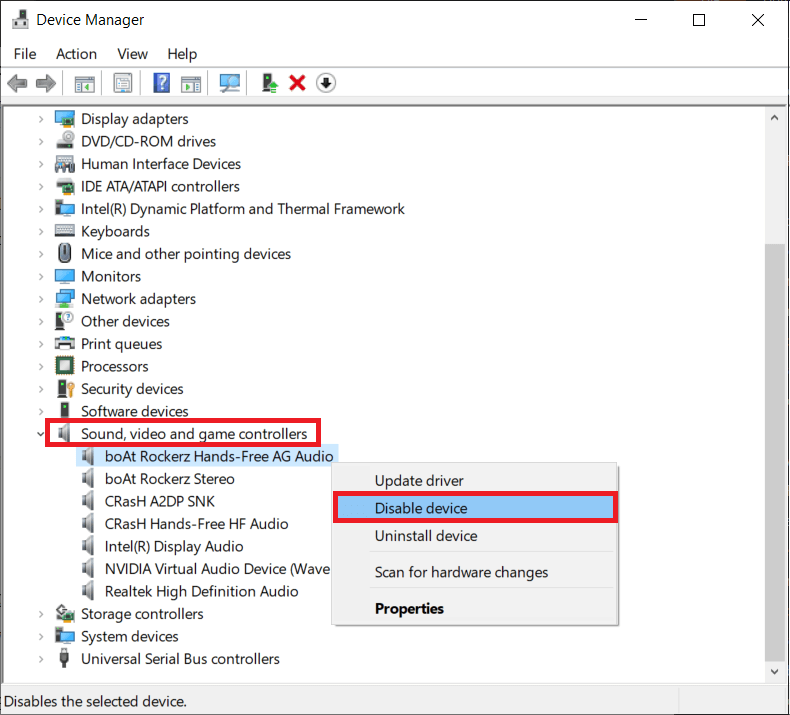 Expanda Controladores de sonido, video y juegos Haga clic con el botón derecho y seleccione Desactivar dispositivo de las opciones siguientes.