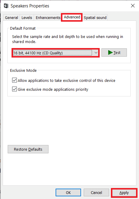 Vaya a la pestaña Avanzado de la siguiente ventana de propiedades y seleccione 16 bits, 44100 Hz como formato predeterminado