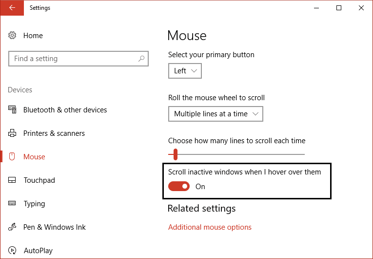 Encienda la palanca para Desplazar windows inactivas cuando pase el mouse sobre ellas