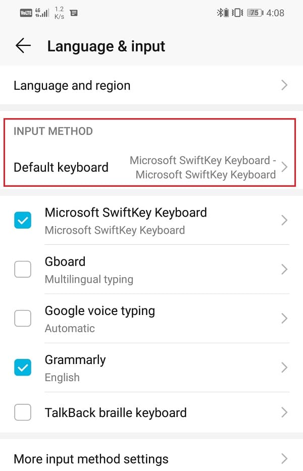 Ahora toque la opción Teclado predeterminado en la pestaña Método de entrada