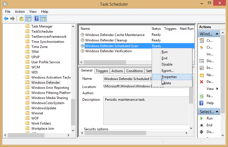 Haga clic con el botón derecho en Análisis programado de Windows Defender