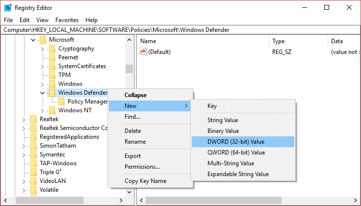 Haga clic derecho en Windows Defender, luego seleccione Nuevo y luego haga clic en DWORD, asígnele el nombre DisableAntiSpyware