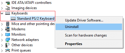 Haga clic derecho en su dispositivo de teclado y seleccione Desinstalar