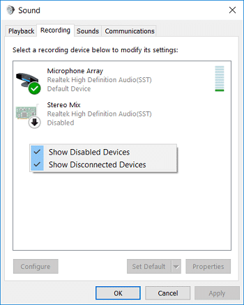 Haga clic derecho y luego seleccione Mostrar dispositivos desconectados y Mostrar dispositivos deshabilitados