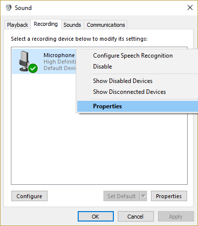 haga clic con el botón derecho en su micrófono predeterminado y seleccione Propiedades