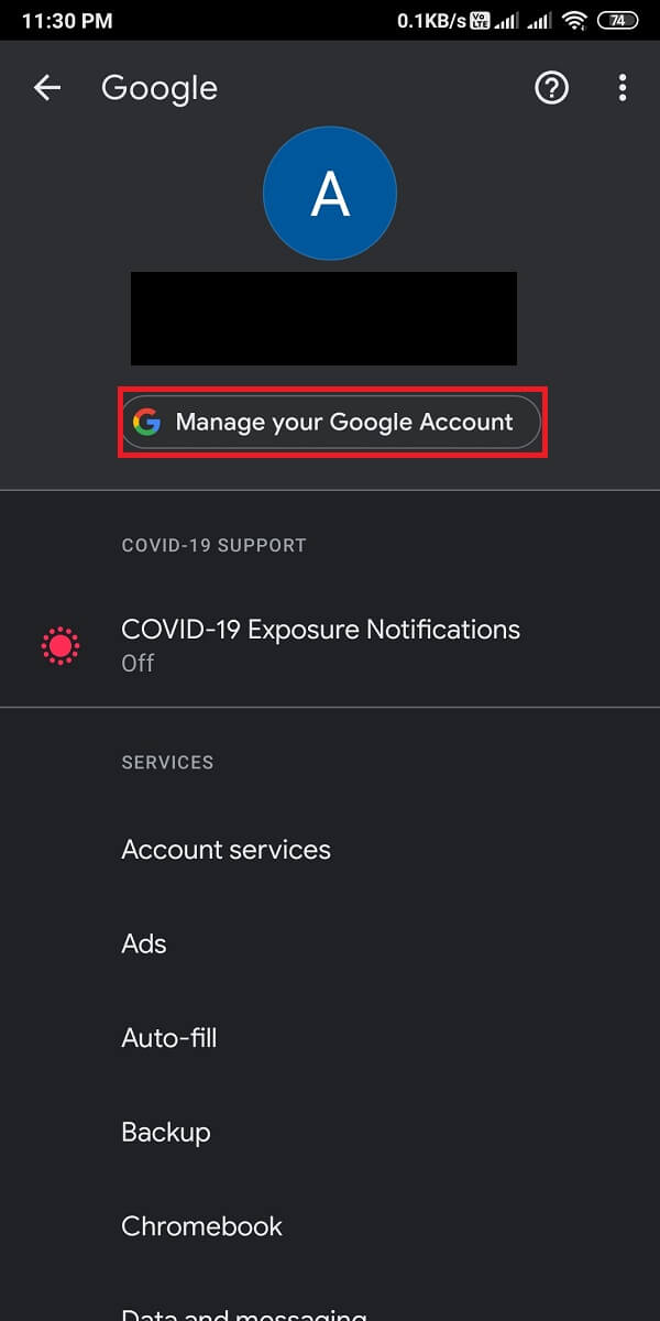 Después de seleccionar el correo electrónico, toque 'Administrar su cuenta de Google'.