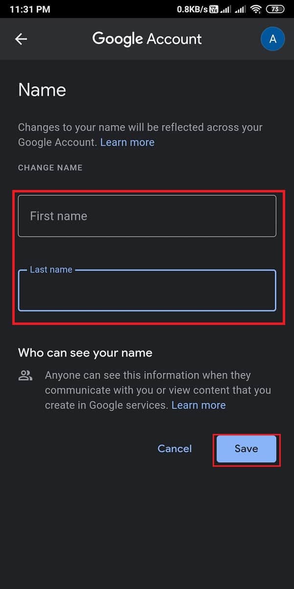 Finalmente, tienes la opción de cambiar tu nombre y apellido.  Toca 'guardar' para confirmar los nuevos cambios.