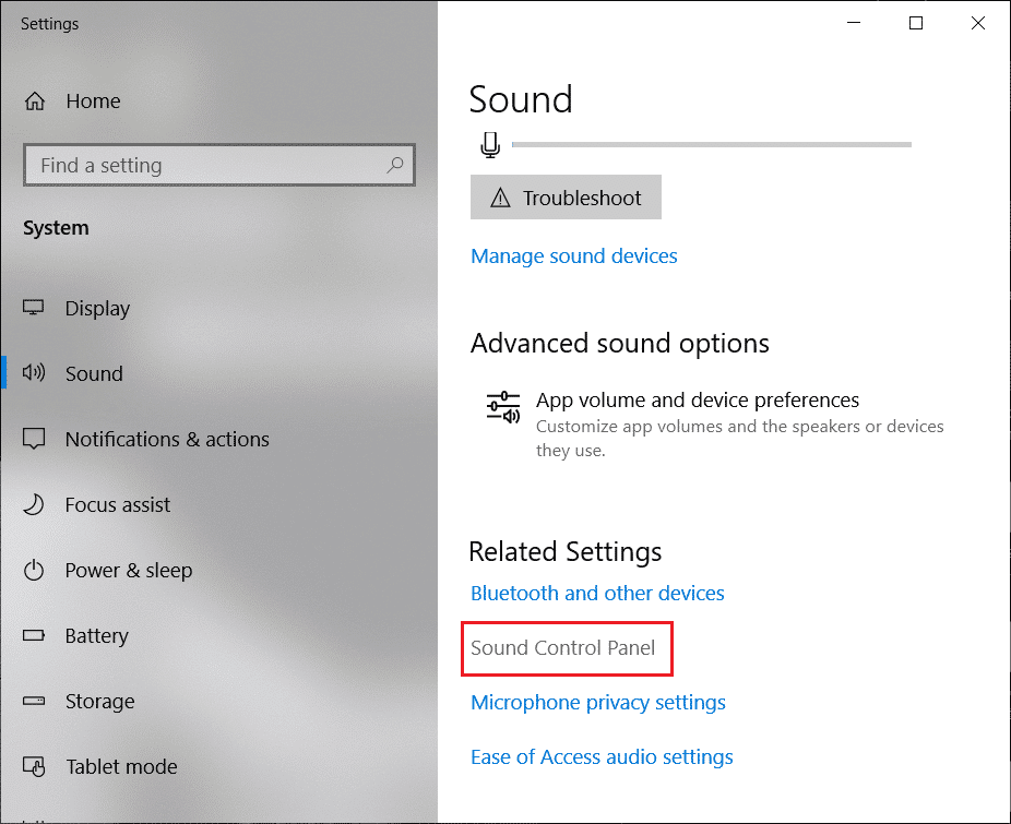En Configuración relacionada, haga clic en Panel de control de sonido |  Arreglar los auriculares que no funcionan en Windows 10