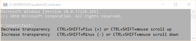 Cambiar el nivel de transparencia del símbolo del sistema en Windows 10 usando el atajo de teclado